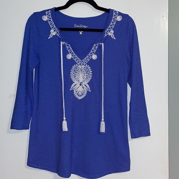 Lilly Pulitzer blue notch neck top with soutache embroidery and tassel ties XS - Picture 12 of 12
